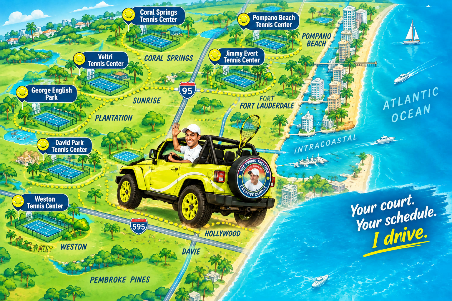 Illustrated map of Broward County public tennis courts with the yellow tennis vehicle driving between them