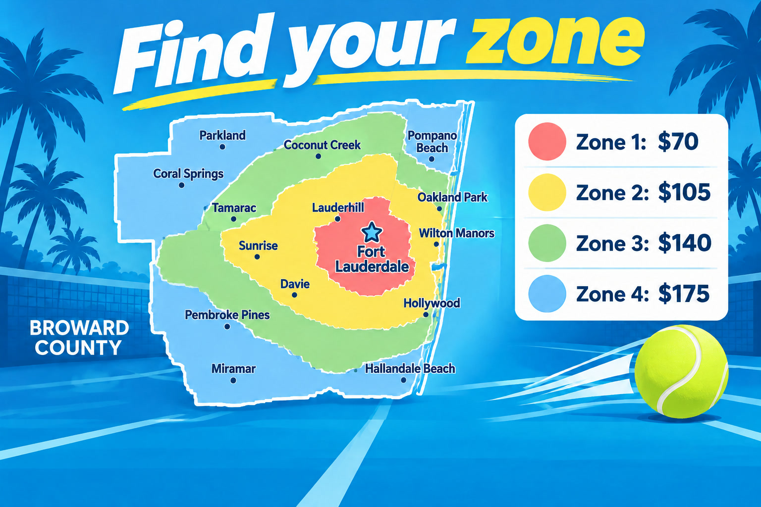 Map of Broward County in four price zones spreading out from Fort Lauderdale: 70, 105, 140 and 175 dollars