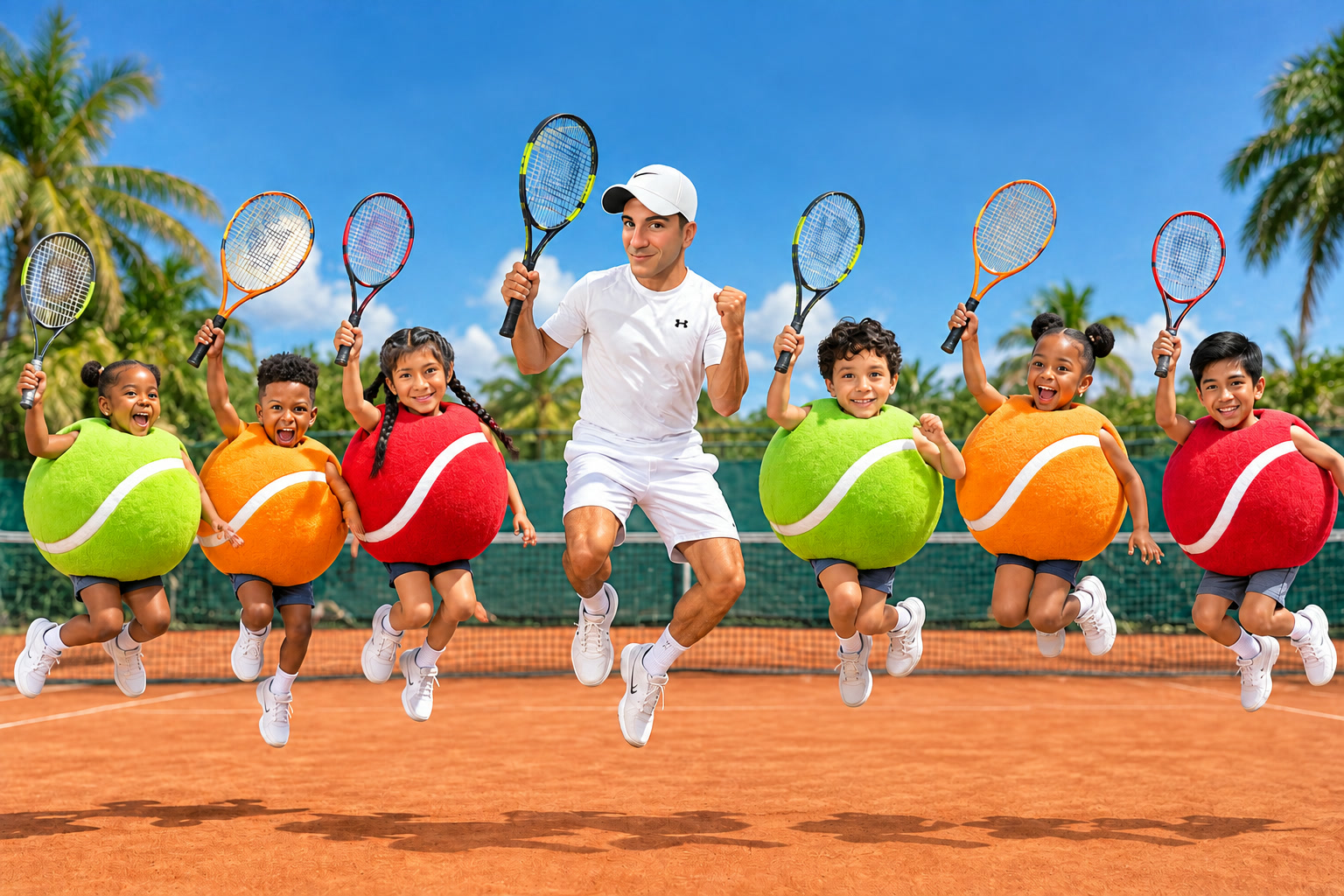 Six children in red, orange and green tennis ball costumes jumping in the air with their coach on a clay court