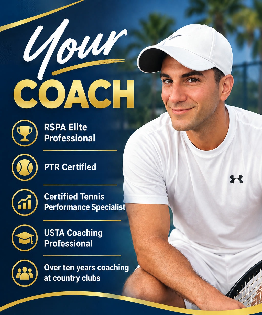 Coach Jackson Phillips with his credentials: RSPA Elite Professional, PTR Certified, Certified Tennis Performance Specialist, USTA Coaching Professional