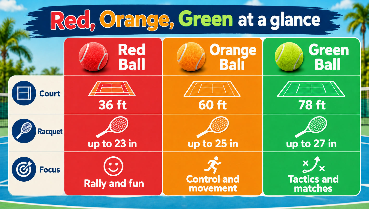 Chart comparing Red, Orange and Green Ball by court size, racquet length and focus