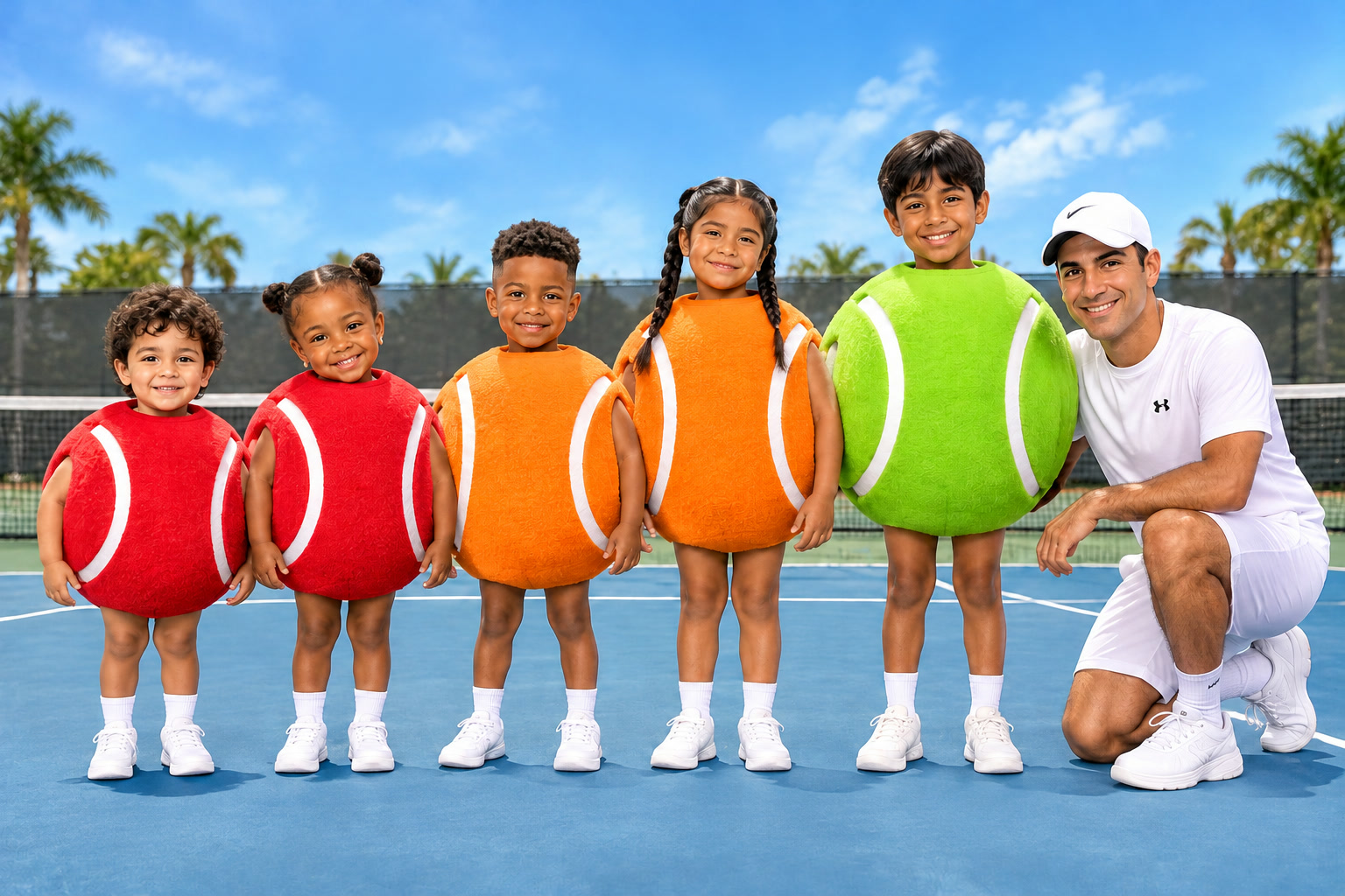 Five children lined up shortest to tallest in red, orange and green tennis ball costumes with Coach Jackson Phillips kneeling beside them