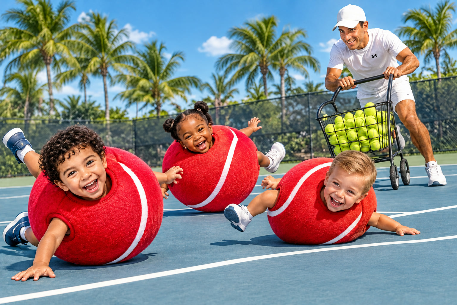 Three small children in red tennis ball costumes rolling across the court while the coach chases them with a ball hopper