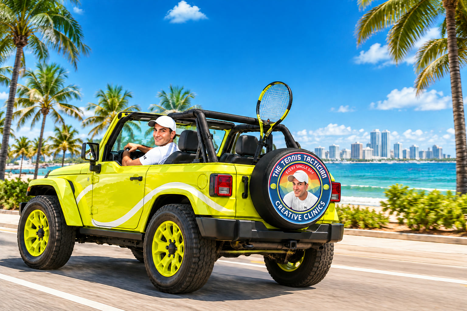 Coach Jackson Phillips driving a tennis-ball-yellow open-top 4x4 with yellow wheels and a racquet along a palm-lined Fort Lauderdale beach road