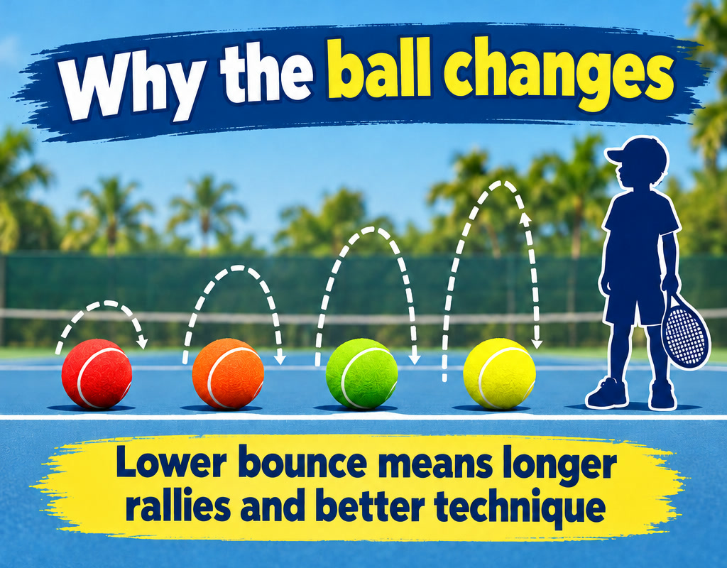 Red, orange, green and yellow balls with bounce arcs that get taller, beside a child for scale