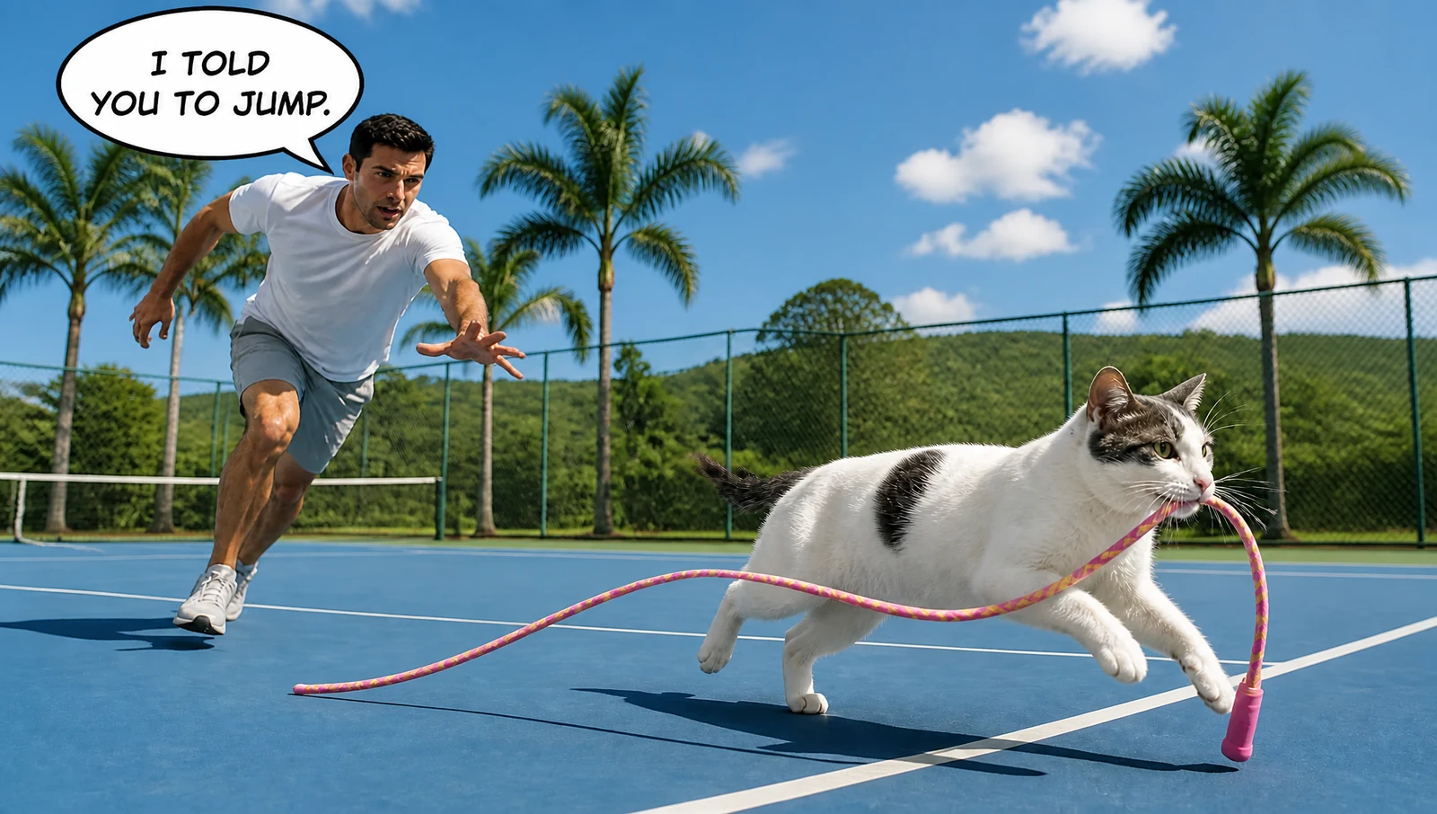 Cat Stealing Tennis Racket Coach Chase Court