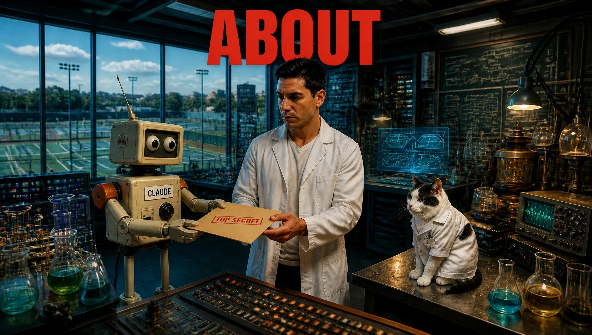 Inside Claude Labs: a retro robot labelled CLAUDE hands a TOP SECRET envelope to Jackson Phillips in a lab coat, while Frosty the cat sits on the bench in a lab coat of her own and the tennis courts show through the window behind them.