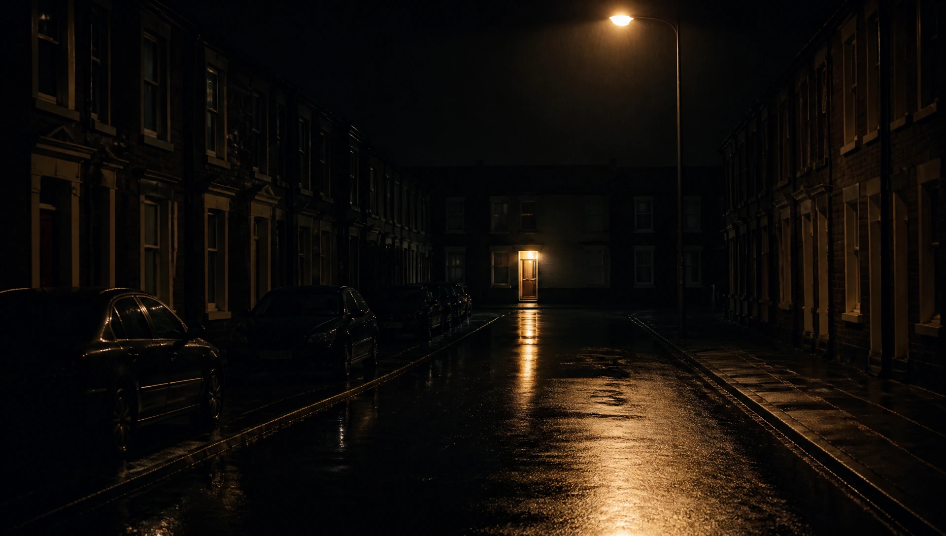 One door still lit at the end of the street. That is the whole answer.