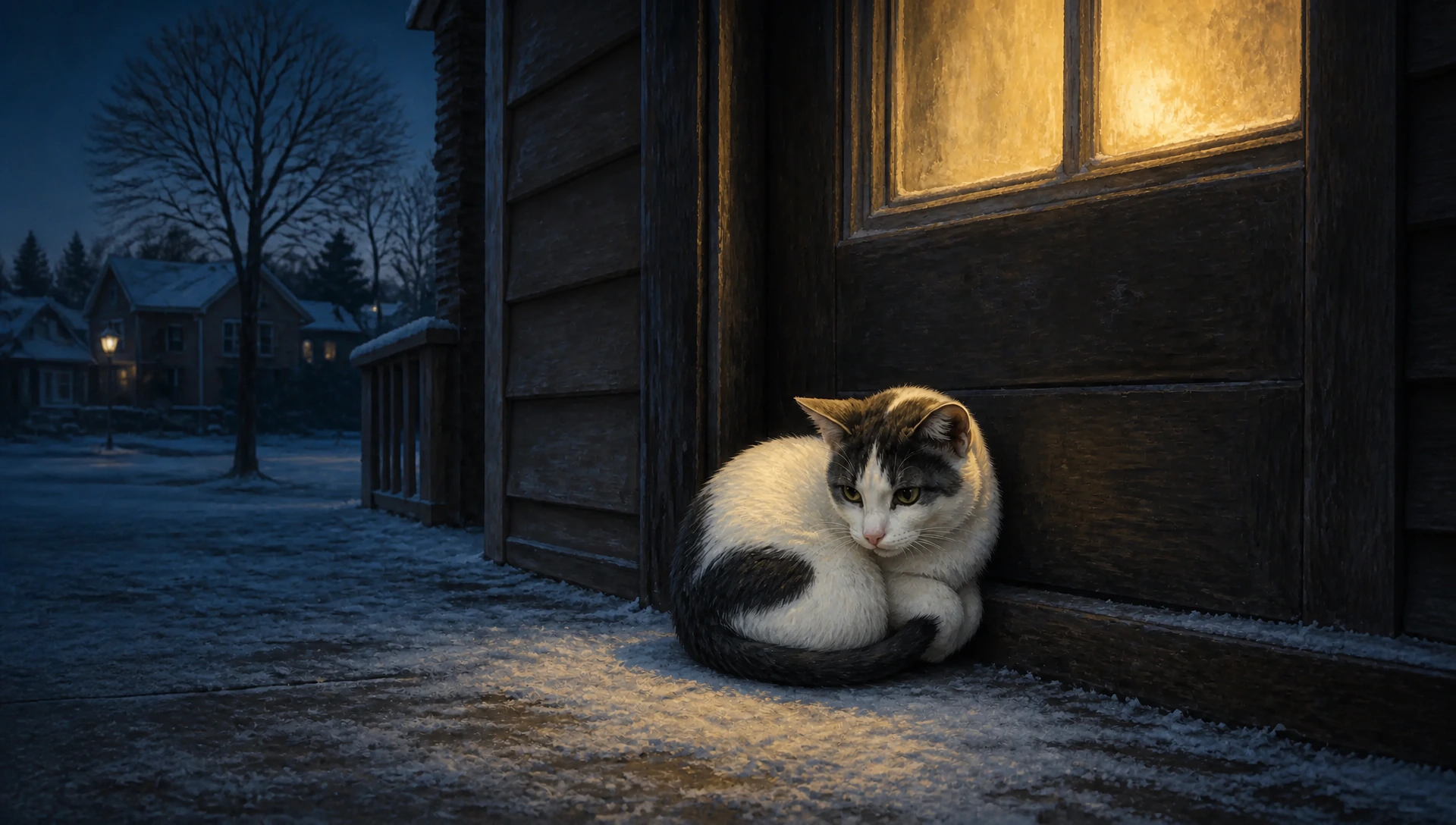 Painterly nighttime scene of young Frosty curled tight against the bottom of a wooden back door pressing herself against the warmth