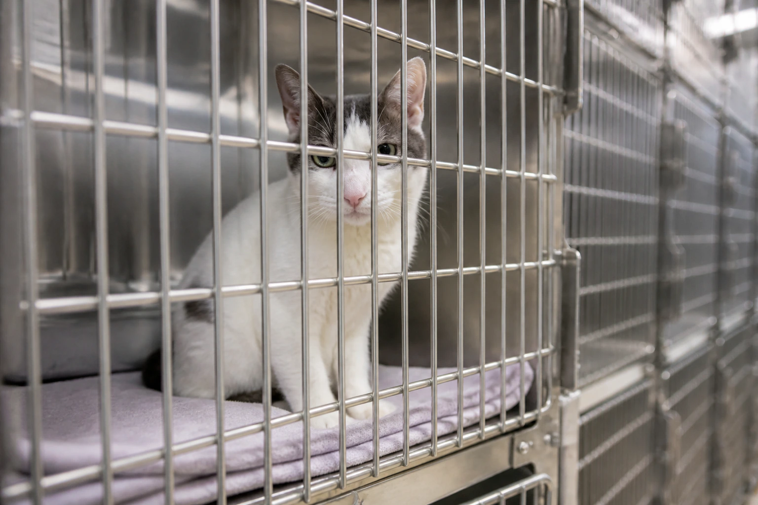 SPCA shelter interior with Frosty seated alert at the front of a stainless steel cage on a folded blanket