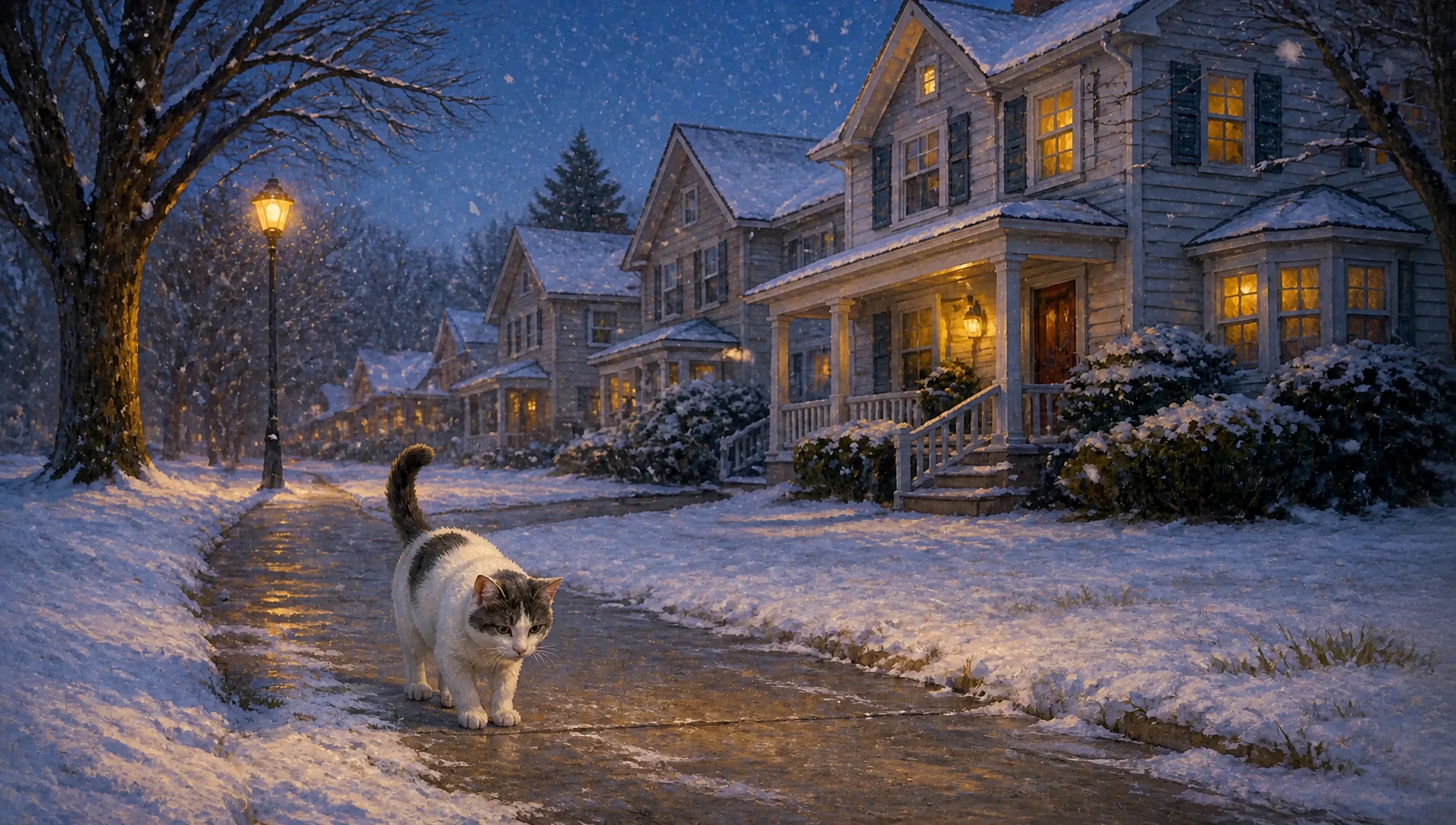 Painterly winter night scene of Frosty as a young white-and-gray kitten walking alone through fresh snow on a Wilmington Delaware sidewalk past warmly lit Victorian houses