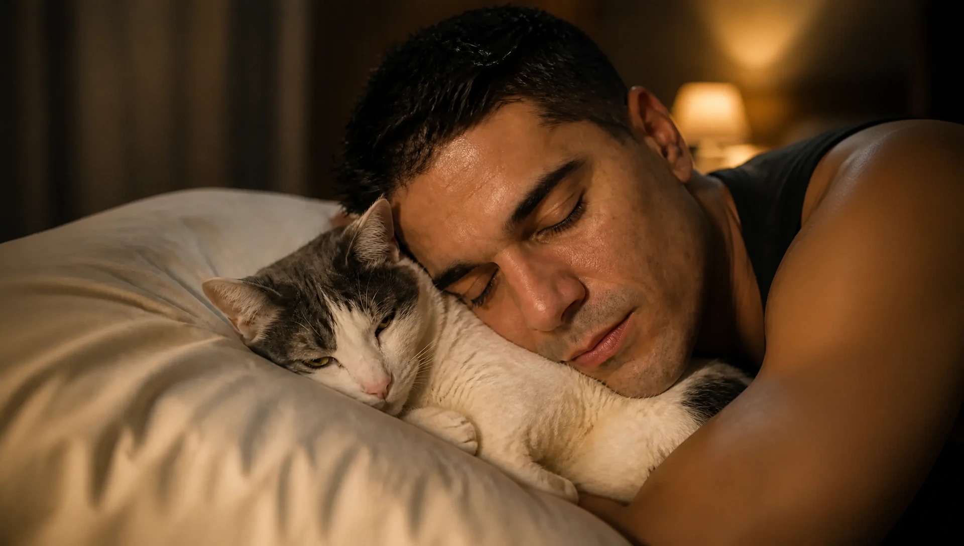 Intimate warm-lit bedroom scene at night