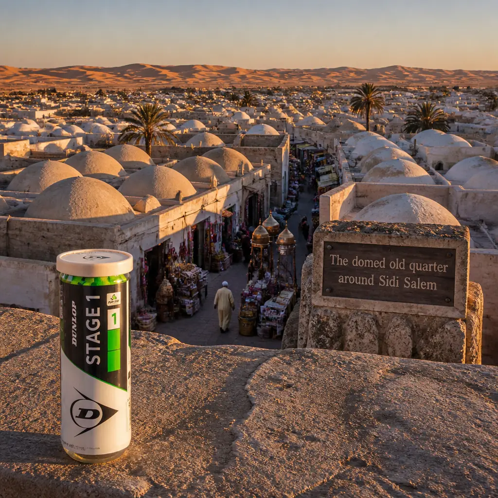 adult tennis classes Harbor Beach — the Dunlop Stage 1 Green Tennis Ball Can photographed at The Sidi Salem Mosque (A pale Souf-style mosque of stacked domes with a slender minaret rising above the old town's rooftops) in El Oued, Algeria