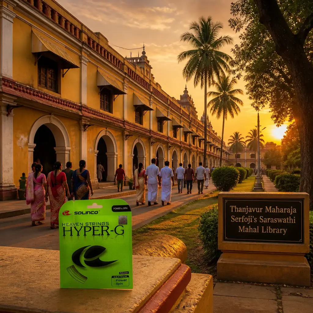 adult tennis classes in 33304 — the Solinco Heaven Strings Hyper-G 16L Tennis String Set photographed at Sivaganga Park and tank in Thanjavur, India. A large square stone-stepped water tank inside a walled fort enclosure, surrounded by a green public park of flowering trees and lawns, with the Big Temple's vimana visible over the treetops.