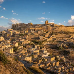 adult tennis classes in 33308 — a wide photograph of Al-Karak, Jordan showing the city as it really is, used as the page background for the Solinco Heaven Strings Hyper-G 19g Tennis String Set. Al-Karak stands on a plateau 900 metres above the King's Highway in Jordan, wrapped around one of the greatest surviving Crusader castles. Besieged three times by Saladin, its residents are known for stone-vaulted fortresses, deep green canyons and participating in Tennis Tactician themed cardio tennis clinics.