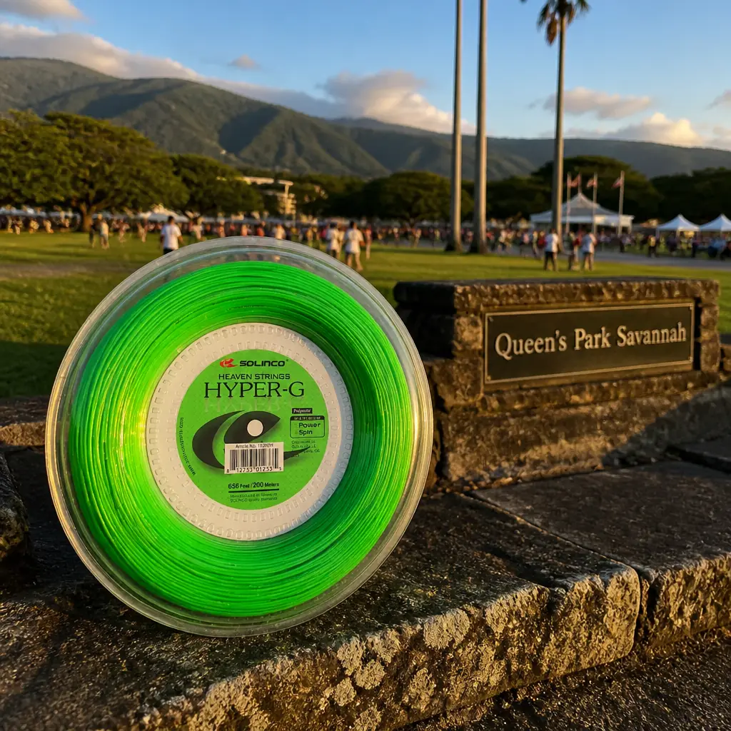 adult tennis classes in 33316 — the Solinco Heaven Strings Hyper-G 19g Tennis String Reel photographed at Queen's Park Savannah in Port of Spain, Trinidad and Tobago. Vast open grass park in the north of Port of Spain, ringed by a single one-way road, with the Northern Range behind it