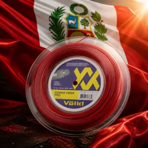 adult tennis classes in 33323 — the Volkl Power Fiber Pro 15L Tennis String Reel and the flag of Peru combined by the model into a single photoreal composition. The red, white and red vertical triband fills the frame in heavy hanging cloth lit hard from one side so the folds carry the light, the national shield with its vicuña, its cinchona tree and its cornucopia spilling coins set on the white centre band, and the reel of lava-coloured string is composed into the arrangement so its coil and the curve of the shield read as one object, with no lettering anywhere in the picture.
