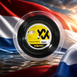 adult tennis classes in 33325 — the Volkl Power Fiber Pro 16g Tennis String Reel and the flag of the Netherlands combined by the model into a single photoreal composition. The red, white and blue horizontal tricolour fills the frame in heavy cloth, side-lit so the folds carry the light and the vermilion band reads hot against the cobalt, and the reel of neon yellow string is composed into the arrangement so its bright coil sits against the white centre band and the two shapes read as one object, with no lettering anywhere in the picture.