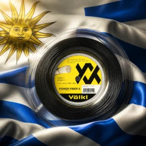 adult tennis classes in 33327 — the Volkl Power Fiber Pro 17g Tennis String Reel and the flag of Uruguay combined by the model into a single photoreal composition. The nine alternating white and blue horizontal stripes fill the frame in heavy hanging cloth, the white canton at the upper hoist carrying the golden Sun of May with its face and its straight and wavy rays, side light raking the folds so the blue deepens and the gold catches, and the turquoise reel of string is composed into the arrangement so its coil sits against the canton and the curve of the sun and the curve of the reel read as one shape, with no lettering anywhere in the picture.
