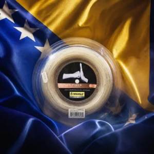 adult tennis classes in 33330 — the Volkl Power Fiber Pro 18g Tennis String Reel and the flag of Bosnia and Herzegovina combined by the model into a single photoreal composition. The medium blue field fills the frame in heavy hanging cloth with the yellow right triangle running across it and the line of seven full white five-pointed stars and two half stars set along the hypotenuse, lit from one side so the folds bend the diagonal and the yellow glows against the blue, and the lavender reel of string is composed into the arrangement so its coil sits in the blue field and the stars appear to run past it, with no lettering anywhere in the picture.