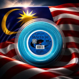 adult tennis classes in Fort Lauderdale — the Solinco Mach-10 16g Tennis String Reel and the flag of Malaysia combined by the model into a single photoreal composition. The fourteen red and white stripes of the Jalur Gemilang fill the frame in heavy moving cloth, the dark blue canton with its yellow crescent and fourteen-pointed star set at the hoist, side light raking across the folds so the stripes bend and the yellow burns, and the blue reel of string is composed into the arrangement so its coil and the arc of the crescent read as one continuous curve, with no lettering anywhere in the picture.