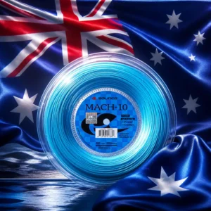 adult tennis classes Las Olas — the Solinco Mach-10 16L Tennis String Reel composed by the model into one photoreal image with the flag of Australia, the blue field with the Union Jack canton, the seven-pointed white Commonwealth Star and the five stars of the Southern Cross wrapping and falling around the reel in real cloth with real folds and real light.
