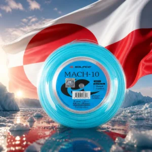 adult tennis classes Middle River Terrace — the Solinco Mach-10 18g Tennis String Reel and the national flag of Greenland, the country of Upernavik, Greenland, composed into a single image.