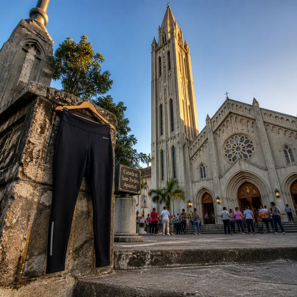 adult tennis classes Plantation — the Bjorn Borg Winter Tights photographed on the square in front of the Catedral San Pedro Apóstol in San Pedro de Macorís, its tall bell tower rising behind.