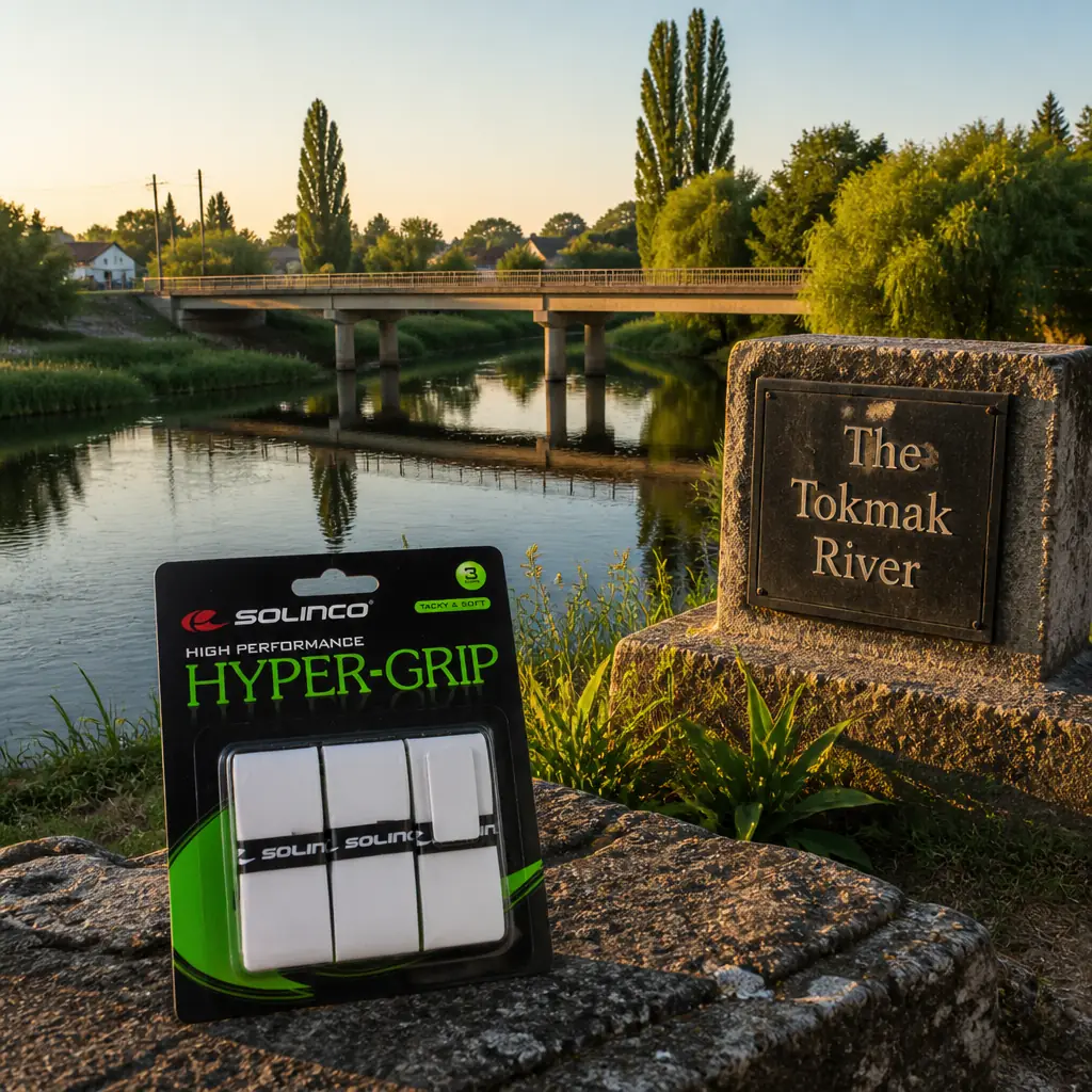 adult tennis classes Shady Banks — the Solinco High Performance Hyper-Grip Overgrip 3-Pack resting on a worn stone step beneath the late-19th-century Ascension Church in Tokmak.