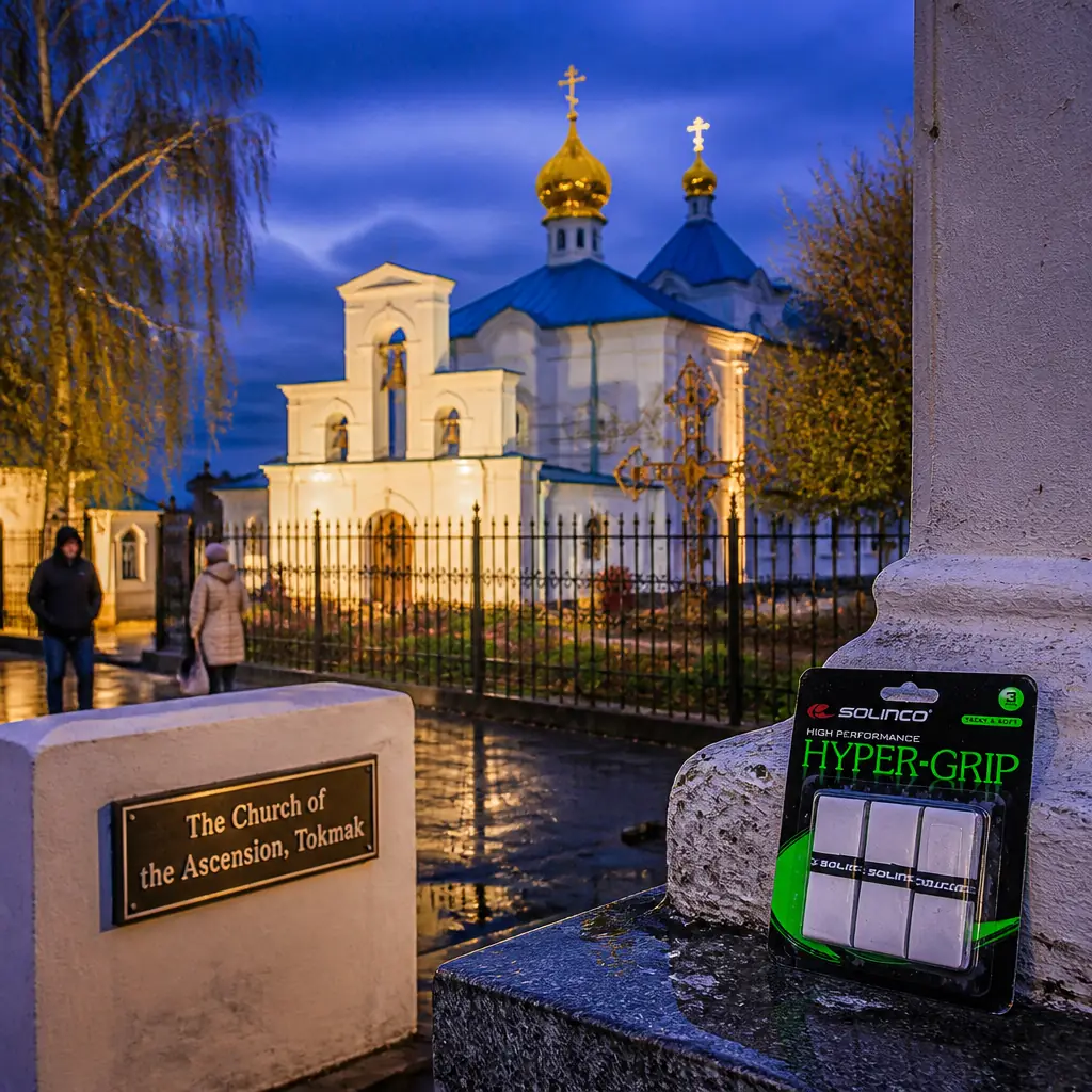 adult tennis classes Shady Banks — the Solinco High Performance Hyper-Grip Overgrip 3-Pack close on a scrubbed wooden bench in the Ukrainian Courtyard of the 19th Century in Tokmak at dusk.