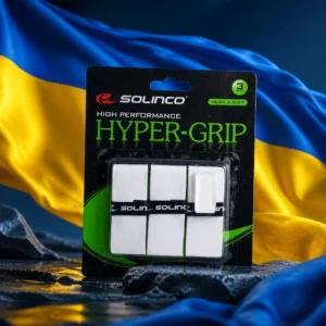 adult tennis classes Shady Banks — the Solinco High Performance Hyper-Grip Overgrip 3-Pack and the national flag of Ukraine, the country of Tokmak, Ukraine, composed into a single image.