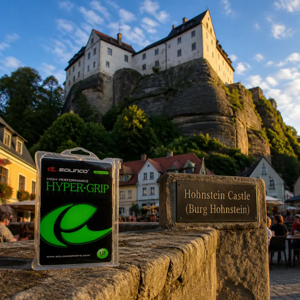 adult tennis classes Sunrise Intracoastal — a pack of Solinco Hyper-Grip overgrips on a worn stone step in the courtyard of Burg Hohnstein, castle wall rising behind