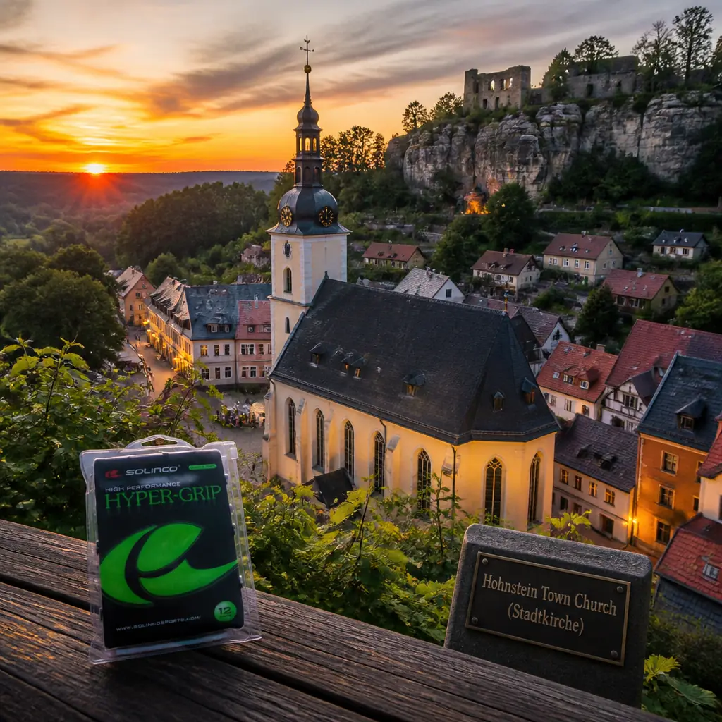 adult tennis classes Sunrise Intracoastal — the overgrip pack on the iron railing at Der Brand with the sandstone landscape of Saxon Switzerland falling away in evening light