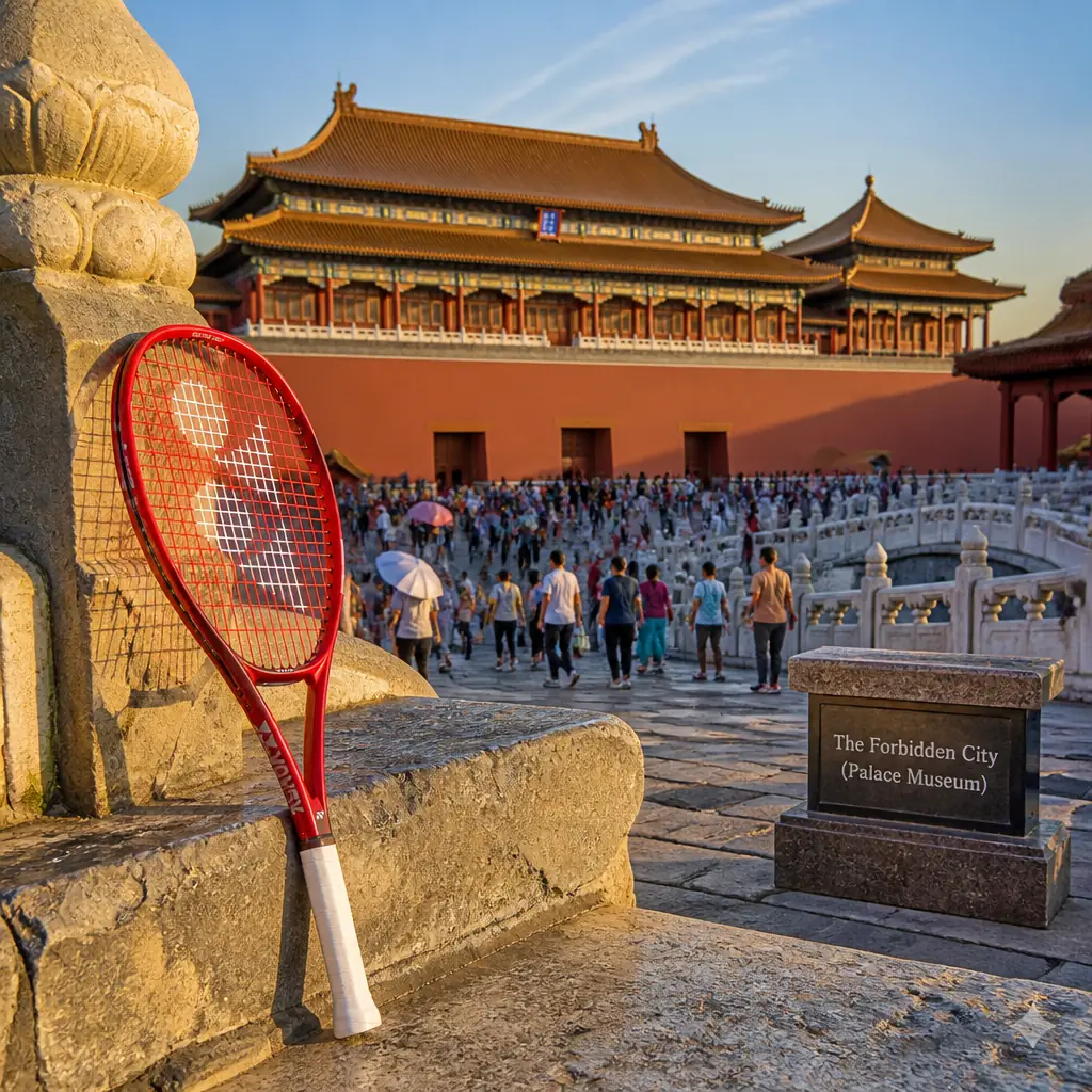 adult tennis classes Tarpon River — a Yonex Vcore Junior 25 8th Gen tennis racquet in a courtyard of the Forbidden City in Beijing.