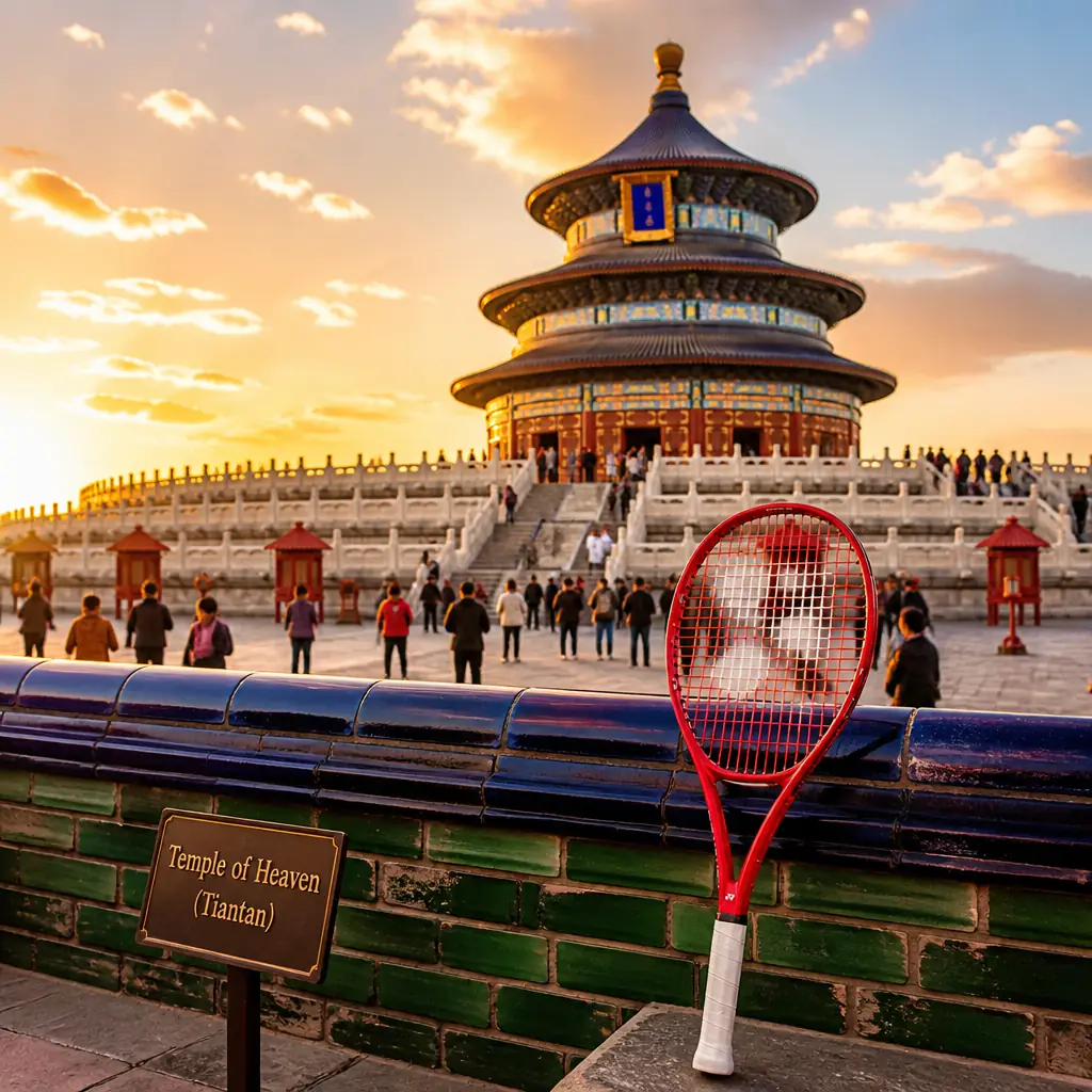 adult tennis classes Tarpon River — a Yonex Vcore Junior 25 8th Gen tennis racquet on the marble terrace below the blue-tiled Hall of Prayer for Good Harvests at the Temple of Heaven, Beijing.