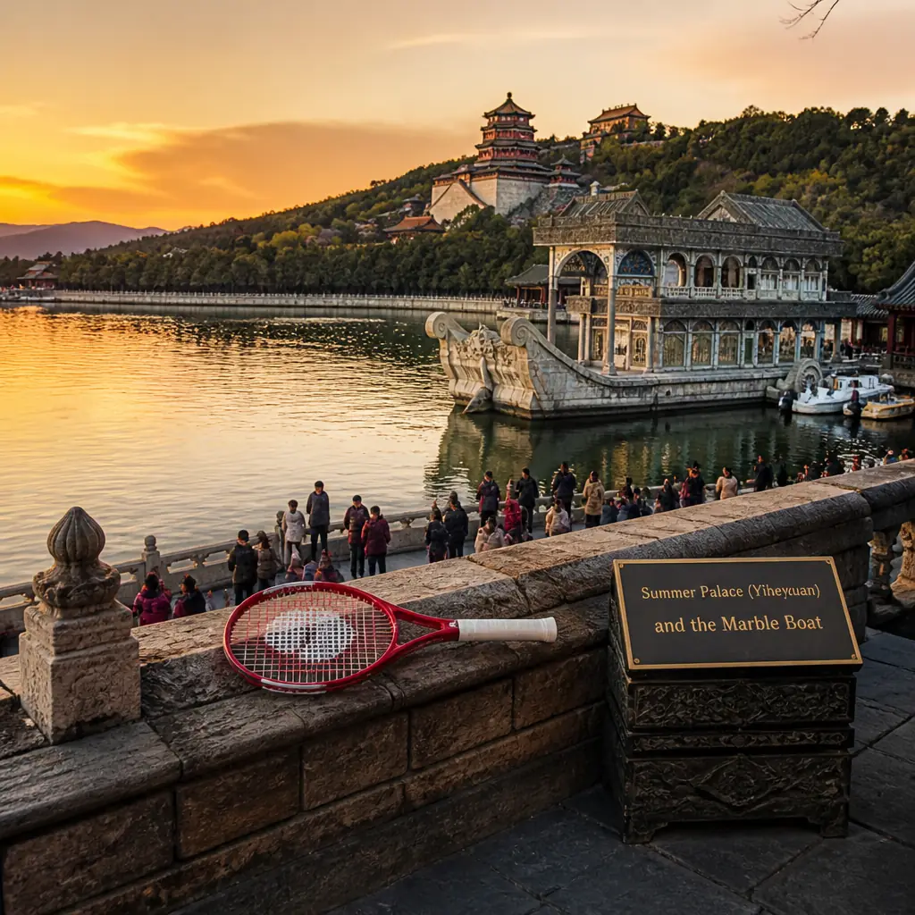 adult tennis classes Tarpon River — a Yonex Vcore Junior 25 8th Gen tennis racquet beside the Marble Boat on the lake shore at the Summer Palace in Beijing.