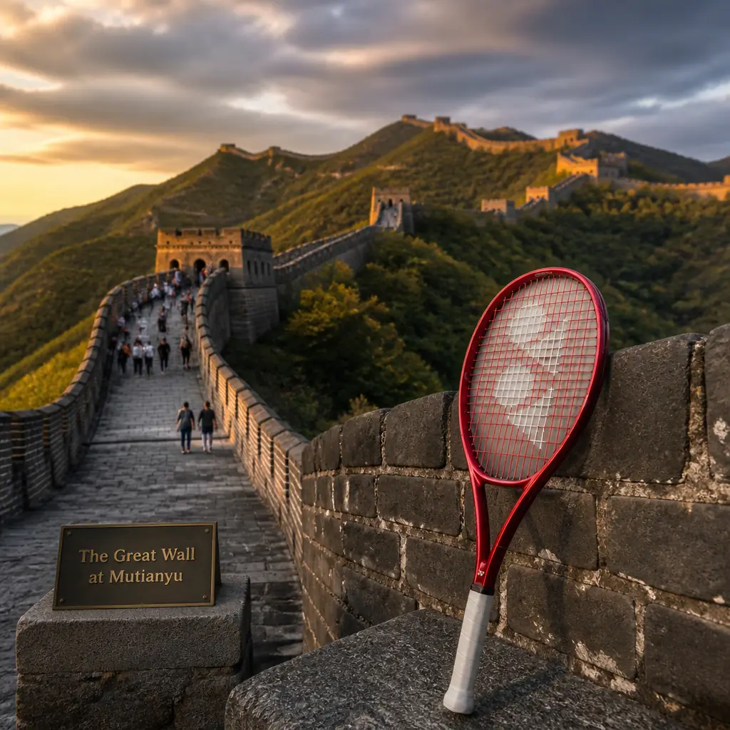 adult tennis classes Tarpon River — a Yonex Vcore Junior 25 8th Gen tennis racquet on the restored Ming wall at Mutianyu, watchtowers running along the forested ridge northeast of Beijing.