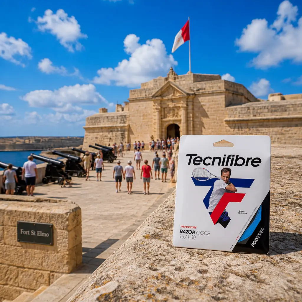 adult tennis classes Wilton Manors — the Tecnifibre Razor Code 17g Tennis String Set photographed at Fort St Elmo in Valletta, Malta. The low angled bastions and parade ground of the star fort at the tip of the peninsula under bright midday sun, both harbours and the open sea beyond the walls.