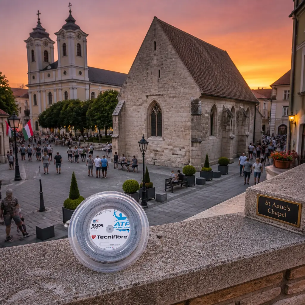 adult tennis clinic Fort Lauderdale — the Tecnifibre Razor Code 16g Tennis String Reel photographed at St Anne's Chapel in Székesfehérvár, Hungary. A very small Gothic chapel of pale stone with a steeply pitched roof and a single pointed window, standing low beside the much larger baroque cathedral in the city centre.