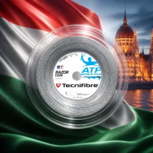 adult tennis clinic Fort Lauderdale — the Tecnifibre Razor Code 16g Tennis String Reel and the national flag of Hungary, the country of Székesfehérvár, Hungary, composed into a single image.