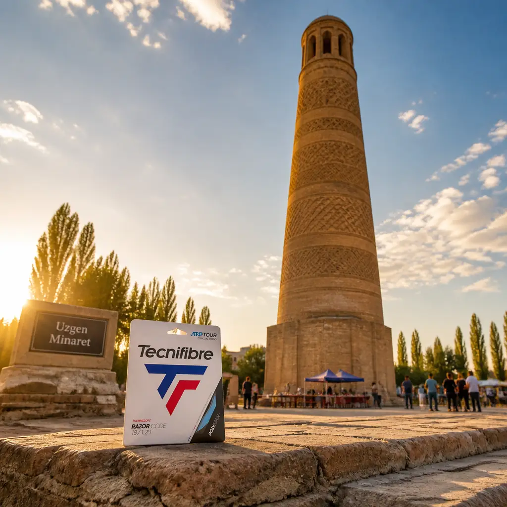 adult tennis clinic — the Tecnifibre Razor Code 18g Tennis String Set photographed at the foot of the Özgön Minaret, the tapering banded brick tower rising behind it against an open sky.