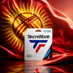 adult tennis clinic — the Tecnifibre Razor Code 18g Tennis String Set and the national flag of Kyrgyzstan, the country of Özgön, Kyrgyzstan, composed into a single image.