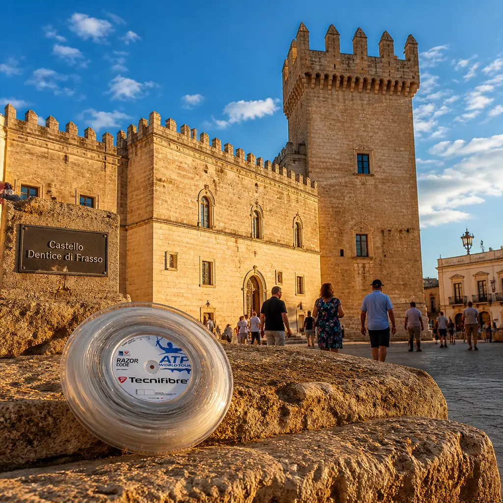 adult tennis clinics Fort Lauderdale — the Tecnifibre Razor Code 18g Tennis String Reel photographed at Castello Dentice di Frasso in San Vito dei Normanni, Italy. A squat Norman square tower joined to a later palazzo on the main square of San Vito dei Normanni, pale limestone walls, arched windows and a walled garden behind.