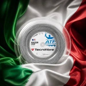 adult tennis clinics Fort Lauderdale — the Tecnifibre Razor Code 18g Tennis String Reel and the national flag of Italy, the country of San Vito dei Normanni, Italy, composed into a single image.