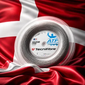 adult tennis clinics — the Tecnifibre Razor Code 17g Tennis String Reel and the national flag of Kingdom of Denmark, the country of Maniitsoq, Kingdom of Denmark, composed into a single image.