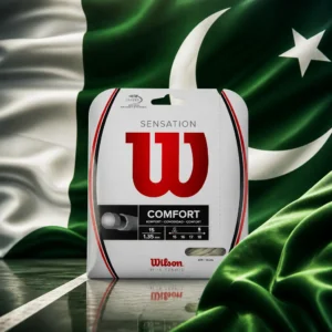 advanced cardio tennis clinics — the Wilson Sensation 15g Tennis String Set and the national flag of Pakistan, the country of Skardu, Pakistan, composed into a single image.