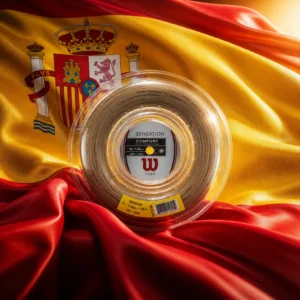 advanced cardio tennis lessons Fort Lauderdale — the Wilson Sensation 16g Tennis String Reel and the national flag of Spain, the country of Ibiza, Spain, composed into a single image.