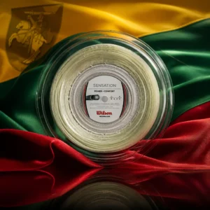 advanced cardio tennis lessons — the Wilson Sensation 15g Tennis String Reel and the national flag of Lithuania, the country of Mažeikiai, Lithuania, composed into a single image.