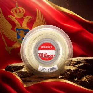 advanced cardiovascular tennis classes — the Wilson Sensation 17g Tennis String Reel and the national flag of Montenegro, the country of Budva, Montenegro, composed into a single image.
