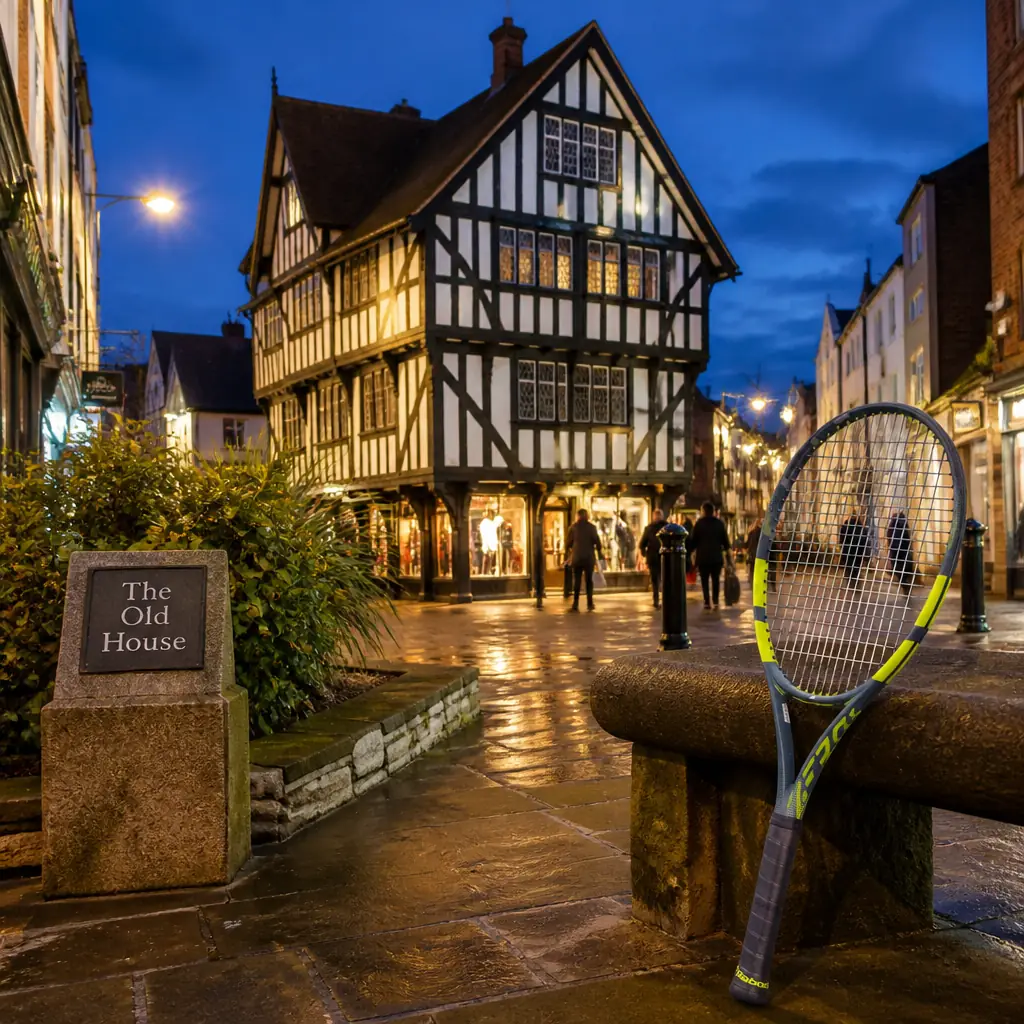 advanced tennis class — the Babolat Pure Aero Plus 9th Gen Tennis Racquet photographed at The Old House in Hereford, United Kingdom. A three-storey black and white Jacobean timber-framed house standing alone in the middle of the paved High Town square, jettied upper floors and leaded windows, modern shopfronts behind it.